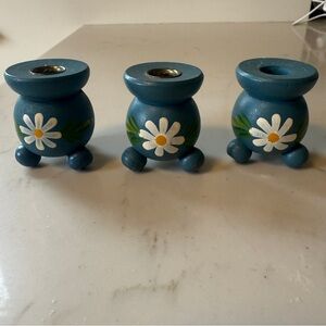 3 Swedish Style Vintage Candlesticks w Handpainted Daisy